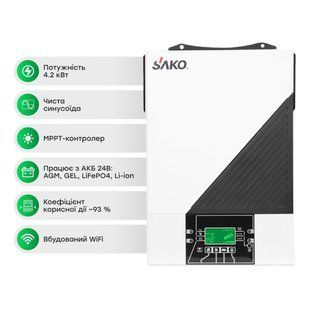 Гибридный инвертор Sako SUNON IV 4.2KW/24V 120A MPPT, 4.2 кВт, 1Ф, правильная синусоида 42-00158TRIN фото