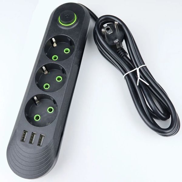 Мережевий подовжувач QL-1071U, 3 розетки + 3 USB, з вимикачем, 2 м, 2500 Вт, чорний 900000000026IMP фото