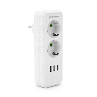 Розетка тройник с заземлением F102-White, 2 розетки+3USB(1А), 2500W, 10A, 110-250V~Max, Blister 2000000381718YT фото