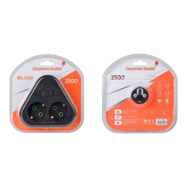 Розетка тройник с заземлением Voltronic F203-Black 2 розетки 2USB 1Type-C 2500W 10A 110-250V 2000000381794YT фото