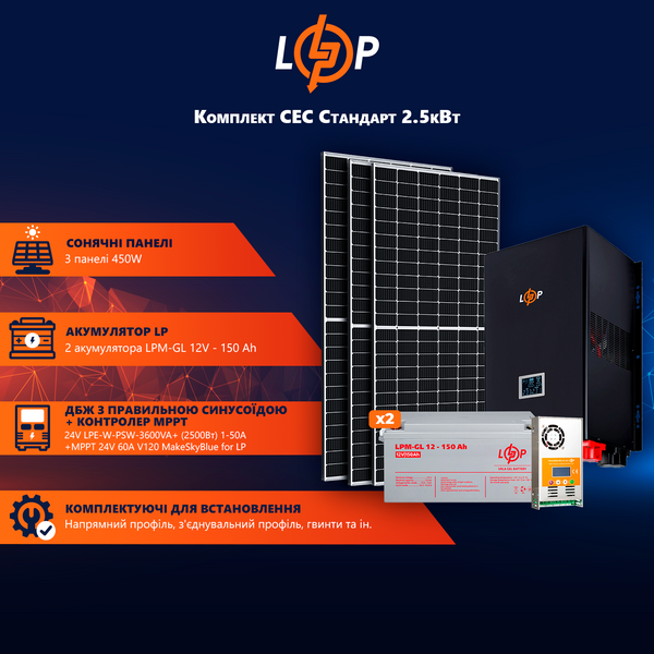 Солнечная электростанция (СЭС) Стандарт (без комплектующих) 2.5kW АКБ 3.6kWh Gel 150 Ah C093EF6B9EAF фото