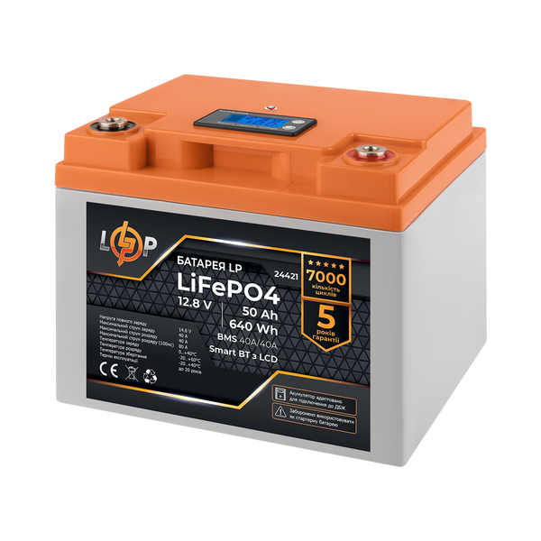 Аккумулятор LP LiFePO4 12,8V - 50 Ah (640Wh) (BMS 40A/40А) пластик LCD Smart BT 24421LP фото