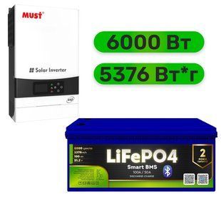 Комплект резервного живлення Must інвертор + LiFePO4 акумулятор (W6000 + АКБ LiFePO4 5376Wh) 764894206SET фото
