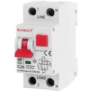 Вимикач диференціального струму з захистом від надструків Enext e.rcbo.pro.2.C25.30, 1P+N, 25А, С, тип А, 30 99-00021474VIAT фото