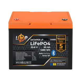 Аккумулятор LP LiFePO4 25,6V - 50 Ah (1280Wh) (BMS 80A/50А) пластик Smart BT 24666LP фото