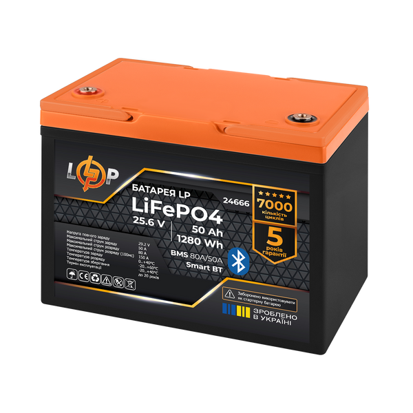 Аккумулятор LP LiFePO4 25,6V - 50 Ah (1280Wh) (BMS 80A/50А) пластик Smart BT 24666LP фото