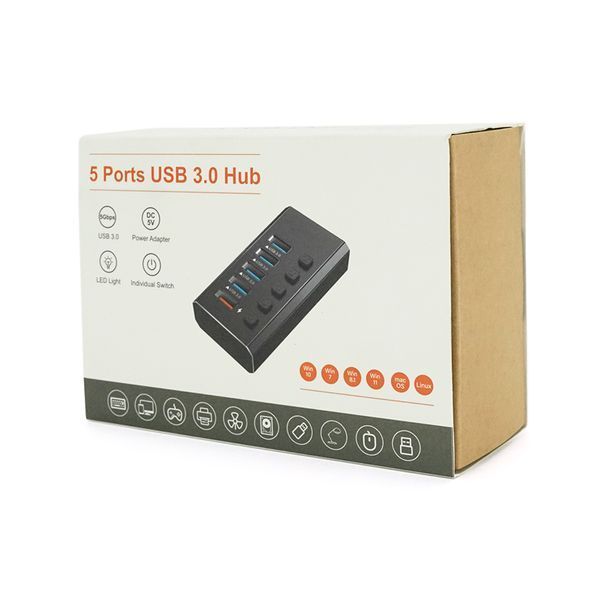 Хаб USB 3.0, 4 порта USB 3.0 + 1 порт QC3.0, с переключателями на каждый порт, DC5V3A, Black, BOX 2000000270388YT фото