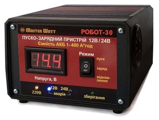 Пуско-зарядне ЗУ РОБОТ-30 для акумуляторів 12/24V (1-400Ah) (MF, WET, AGM, GEL, CA/CA), 160-245V, Струм заряду 20А, крокодили в комплекті 66AED879D944 фото