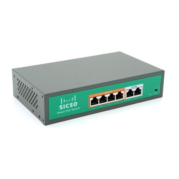 Комутатор POE SICSO 48V з 4 портами POE 100Мбіт + 2 порти Ethernet(UP-Link) 100Мбіт з підсил. сигн. до 250м корпус-метал Silver БП вбудований Q30 2000000116372YT фото