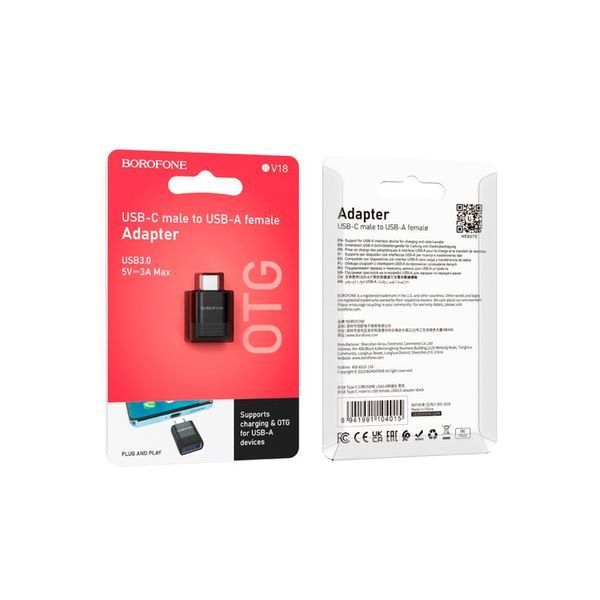 Перехідник Borofone BV18 USB 3.0(F) на Type-C(M) чорний швидкість передачі до 5 Гбіт/с компактний 2000000387826YT фото