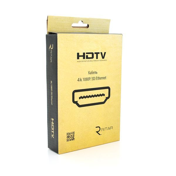 Кабель Ritar Premium PL-HD348 HDMI-HDMI Ultra HD 4K, 1080P, 2.0m, v1,4, OD-7.3mm, с фильтром, круглый Black, коннектор Gold, Box, Q120 2000000199283YT фото