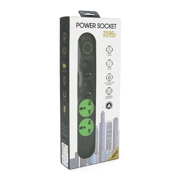 Сетевой фильтр F01U, 2 розетки EU + 2 розетки Universal + 3 USB, 1.5 м, сечение 3х0,75мм, 2500W, Black, Box 2000000115771YT фото