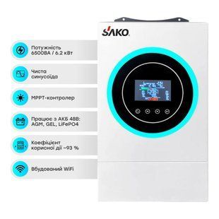 Гібридний інвертор Sako SUNON V 6.5KVA/6200W/48V+120A MPPT, 6.2 кВт, 1Ф, правильна синусоїда 42-00165TRIN фото