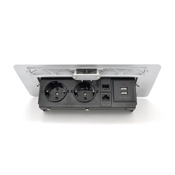 Розетка підлогова висувна з заземленням J29L дві розетки + 2*USB + 2*RJ45 Input: AC 100-250V 16A Silver 2000000218885YT фото