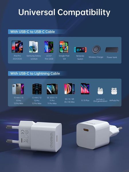 Сетевое зарядное устройство Choetech PD5010-EU-WH, USB-C 1606150EDG фото