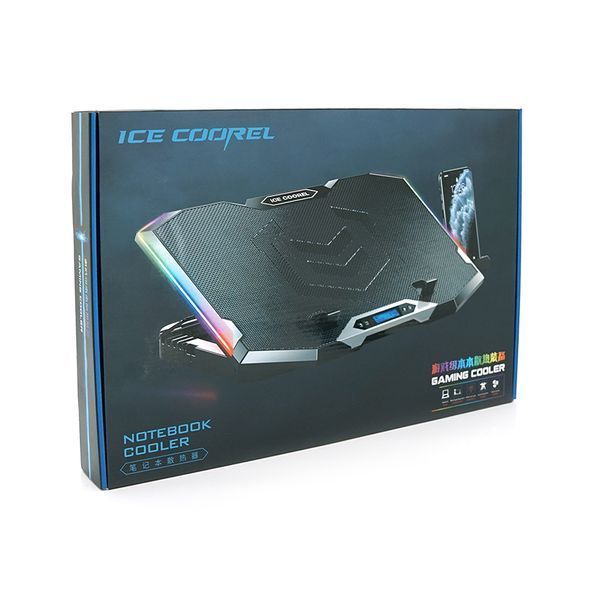 Подставка под ноутбук IceCoorel K10, 10-17", 8*70mm, корпус пластик+алюминий, 2xUSB2.0 + LCD, 410x297x40mm, RGB, Box, Q10 2000000356716YT фото